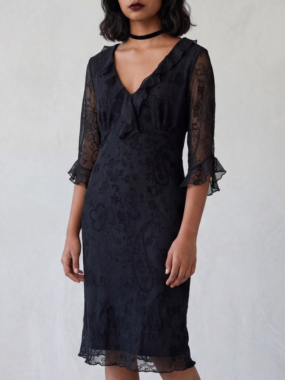 vintage 90s whimsigoth black paisley midi dress dark Romance Moody Goth